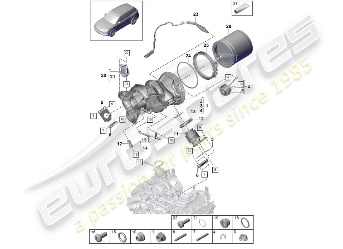 porsche 2022 (cayenne e3 9ya/9yb) turbocompressore a gas di scarico collettori di scarico sonda lambda schema delle parti