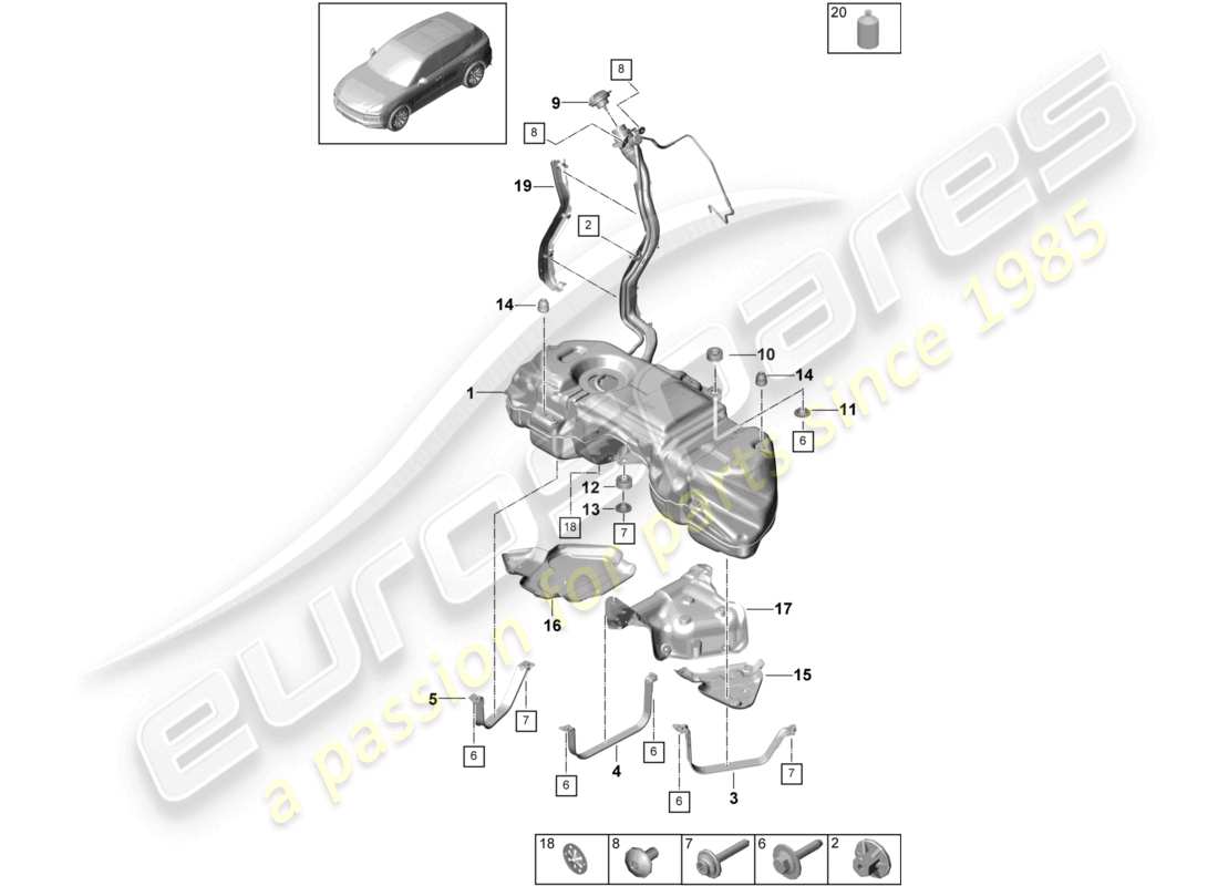 porsche 2024 (cayenne e3 9ya/9yb) serbatoio carburante con accessori schema delle parti