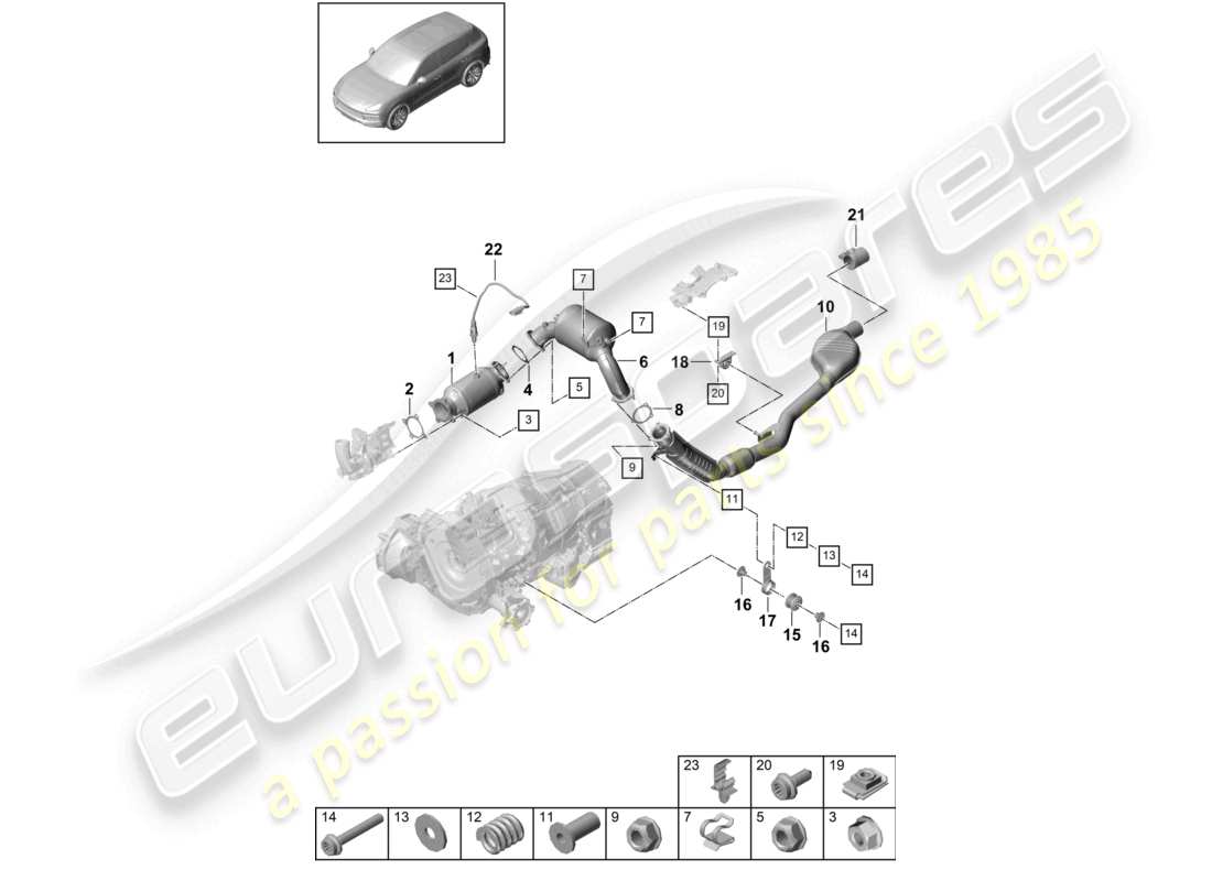 porsche 2023 (cayenne e3 9ya/9yb) impianto di scarico catalizzatore con filtro antiparticolato per benzina tubo di scarico con silenziatore anteriore sonda lambda schema dei componenti
