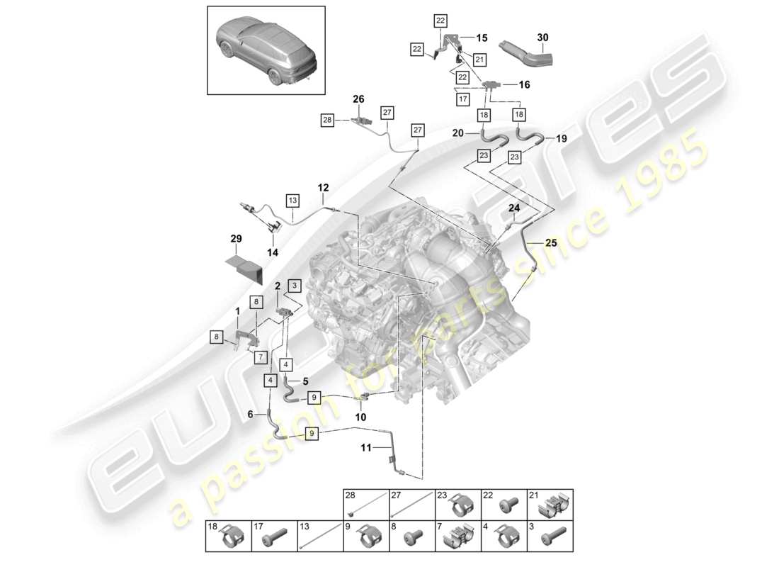 porsche 2023 (cayenne e3 9ya/9yb) linea di controllo con sensore di differenza di pressione sensore di temperatura dei gas di scarico schema delle parti