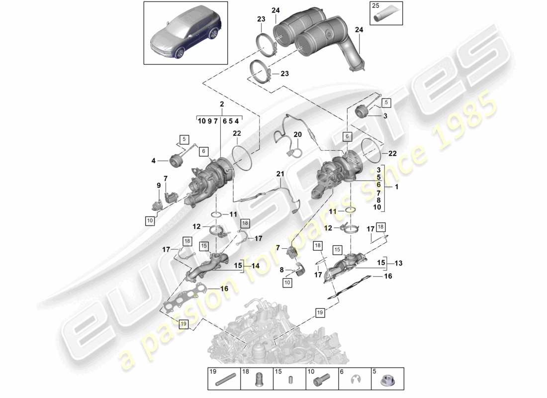 porsche 2023 (cayenne e3 9ya/9yb) turbocompressore a gas di scarico collettori di scarico sonda lambda schema delle parti