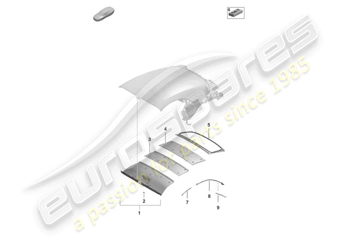 porsche 2023 (992-1) schema delle parti delle finiture del rivestimento del padiglione della capote