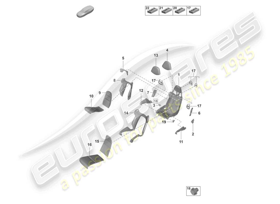 porsche 2022 (992-1 gt3/rs/st) sedile a secchiello telaio del sedile coprisedili parte in schiuma diagramma delle parti