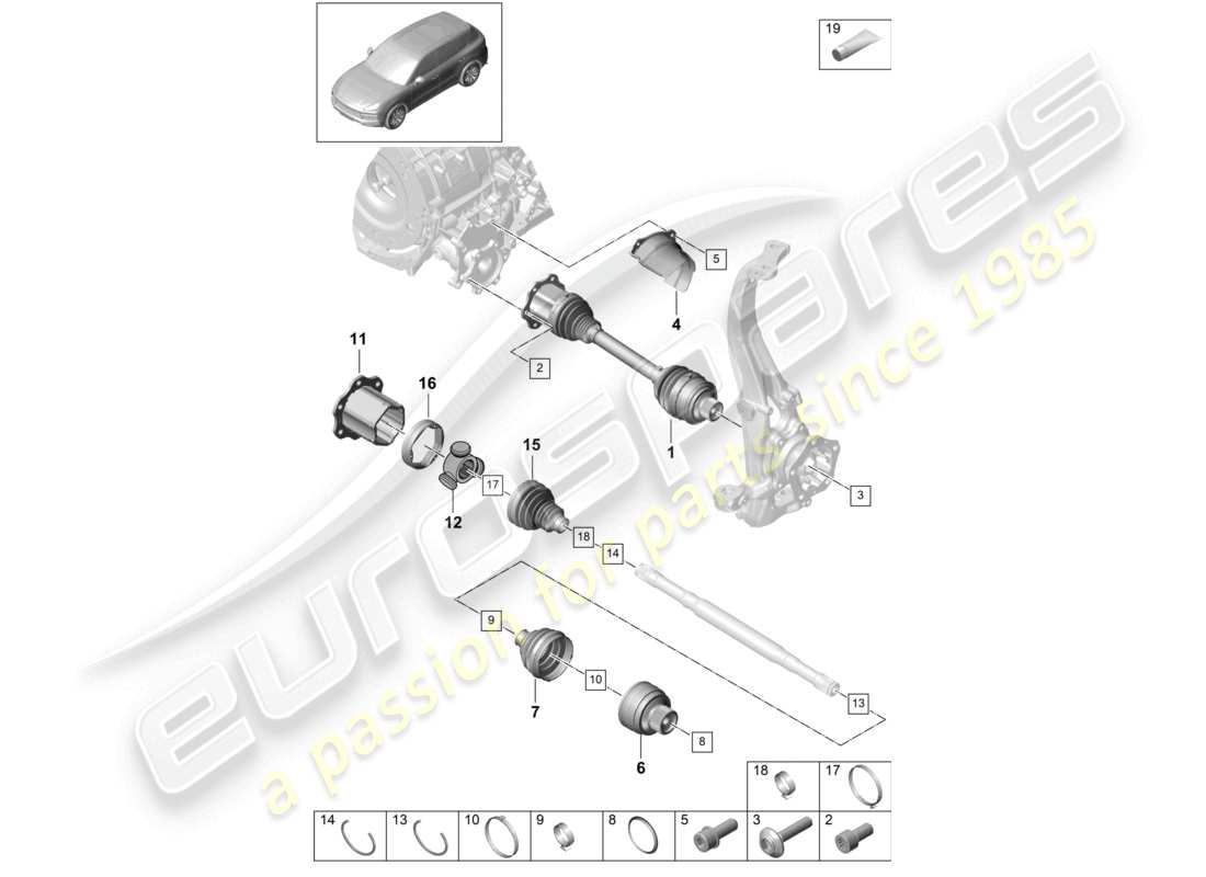 porsche 2023 (cayenne e3 9ya/9yb) albero di trasmissione assale anteriore diagramma delle parti