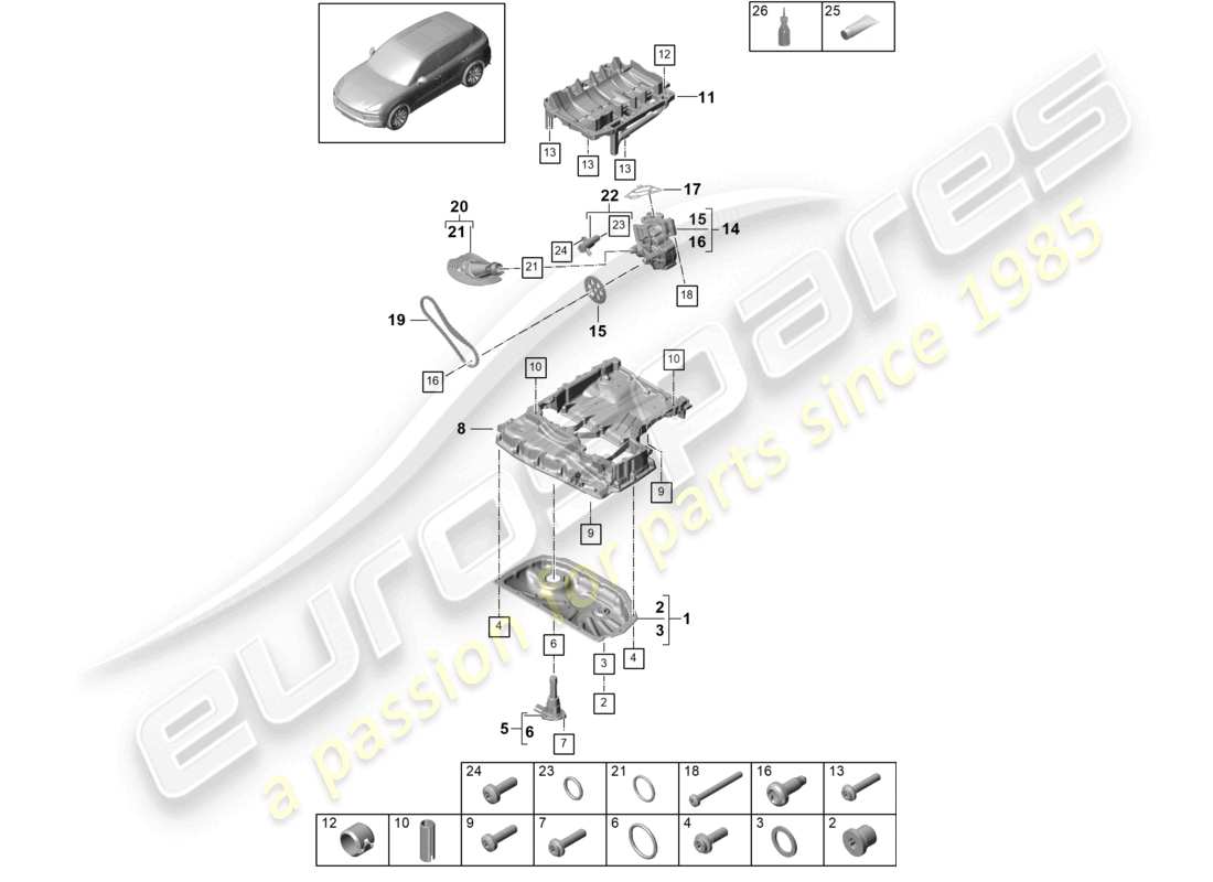 porsche 2022 (cayenne e3 9ya/9yb) schema delle parti della pompa dell'olio della coppa dell'olio dell'alloggiamento conduttore dell'olio