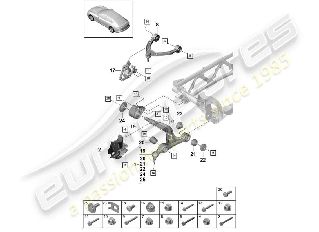 porsche 2021 (panamera 971-1) schema delle parti dell'assale anteriore a forcella