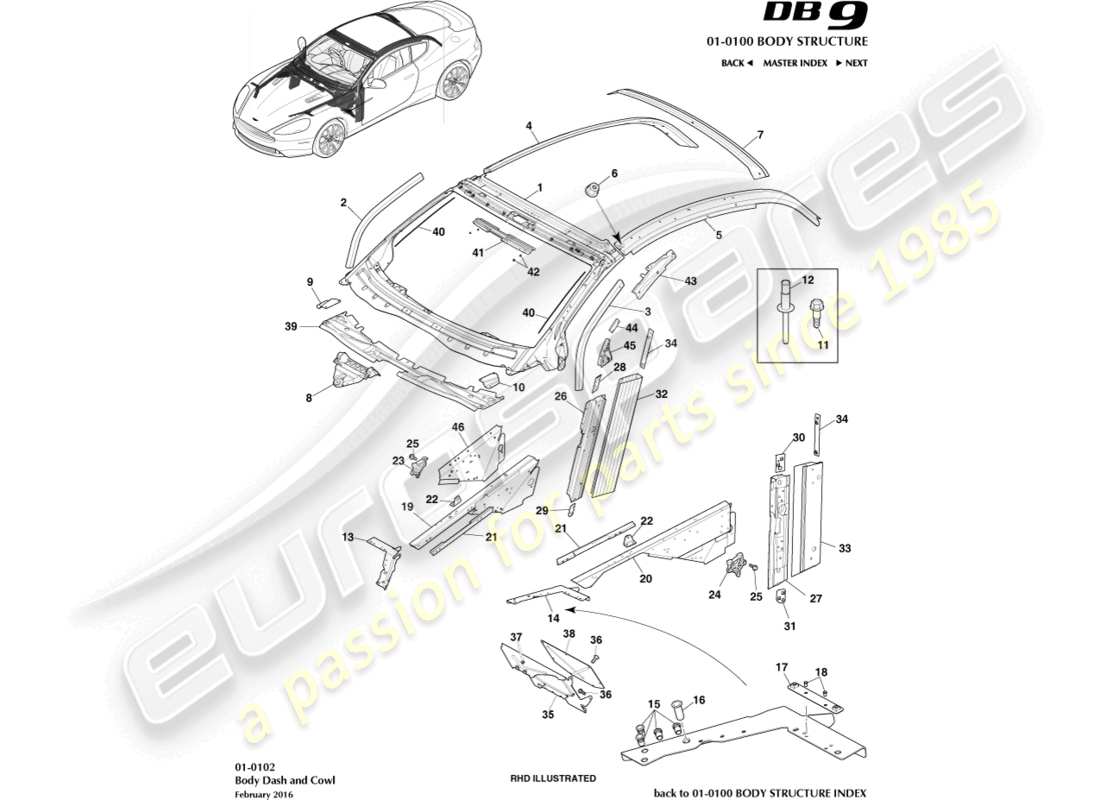 aston martin db9 (2014) cruscotto e cappuccio della carrozzeria, diagramma delle parti della coupé