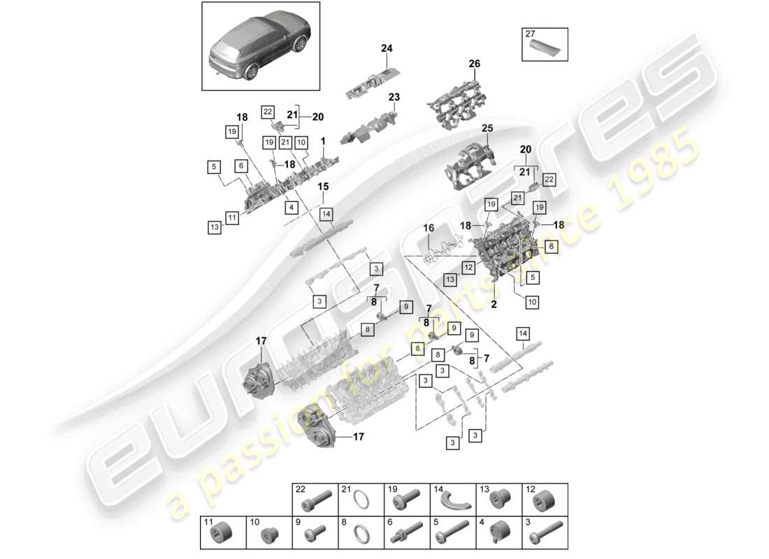 porsche 2022 (cayenne e3 9ya/9yb) coperchio della testata del cilindro ammortizzatore acustico accessori schema delle parti