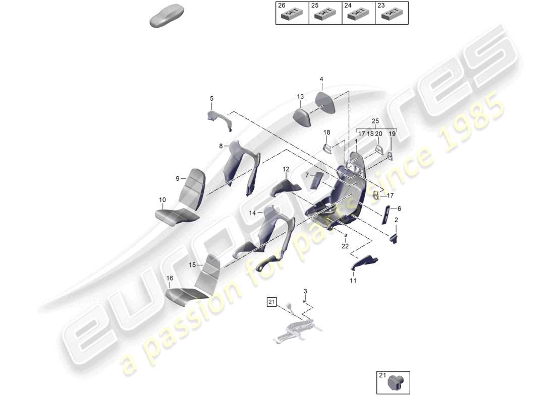 porsche 2022 (992-1 gt3/rs/st) sedile a secchiello telaio del sedile coprisedili parte in schiuma diagramma delle parti