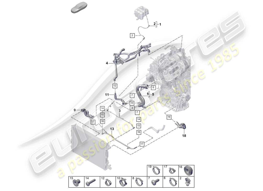 porsche 2026 (cayenne e3 pa) schema delle parti del sistema di raffreddamento del liquido di raffreddamento del tubo del liquido di raffreddamento
