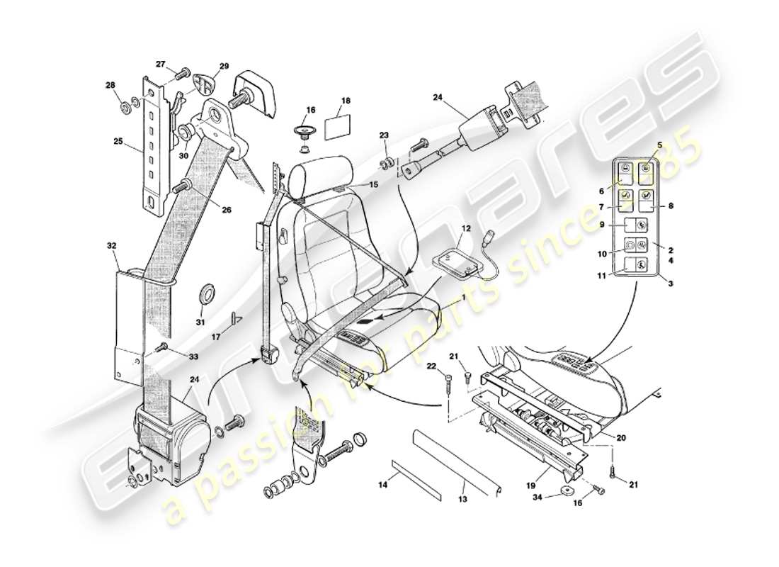 aston martin v8 coupe (1999) diagramma delle parti dei sedili e delle cinture anteriori v79080 e v79074on