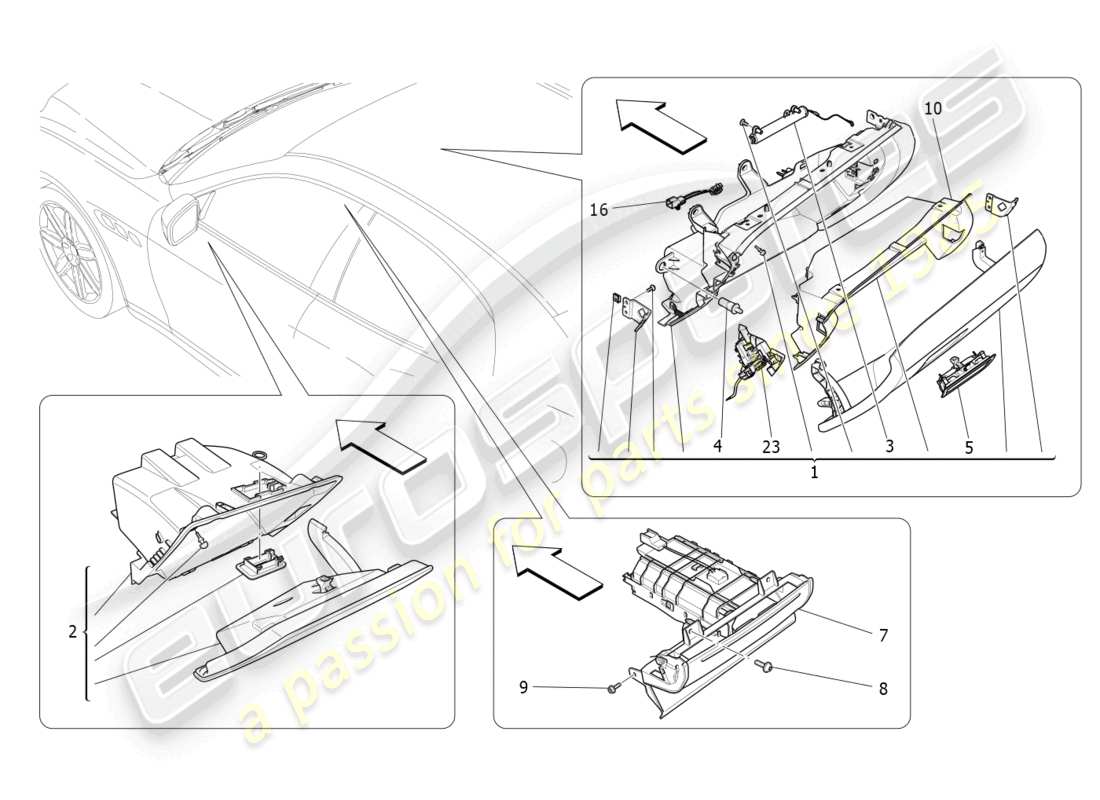 maserati ghibli fragment (2022) diagramma delle parti dei vani portaoggetti