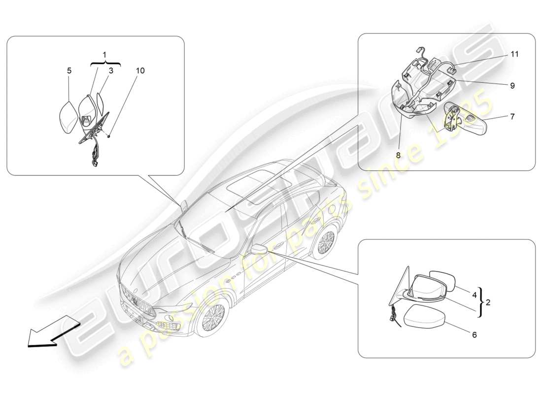 maserati levante gts (2020) schema delle parti degli specchietti retrovisori interni ed esterni