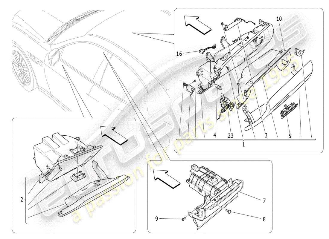 maserati ghibli (2021) diagramma delle parti dei vani portaoggetti