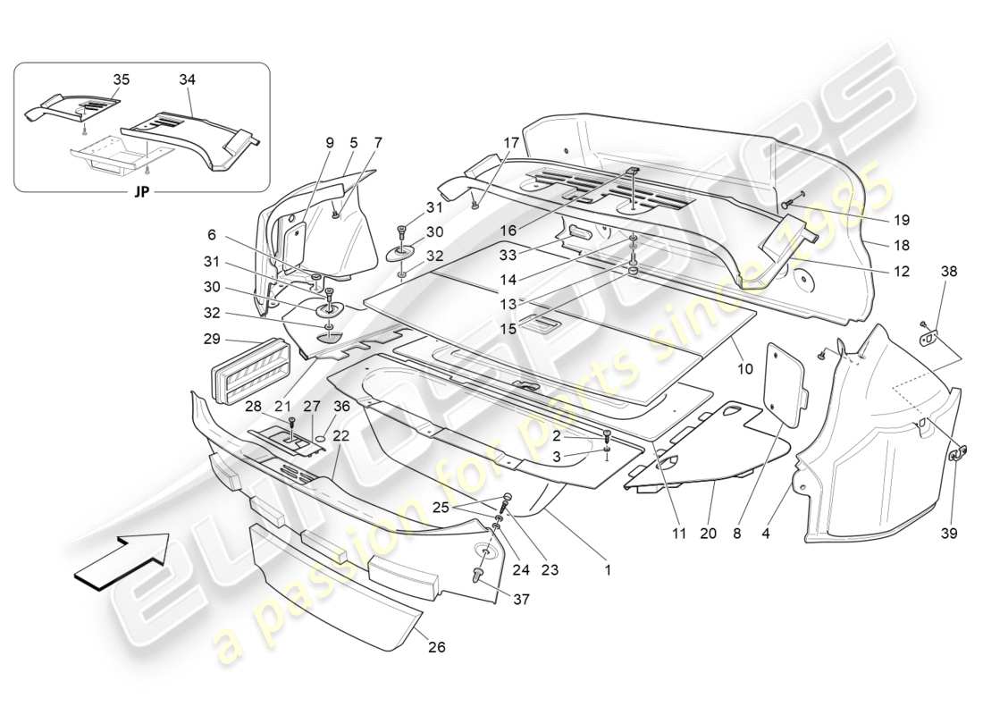 maserati granturismo s (2019) diagramma delle parti dei tappetini del vano bagagli