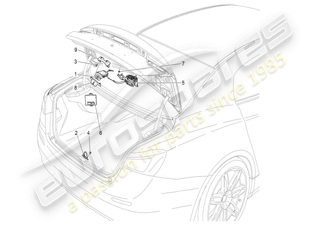 maserati ghibli (2019) schema delle parti del controllo dell'apertura del cofano posteriore