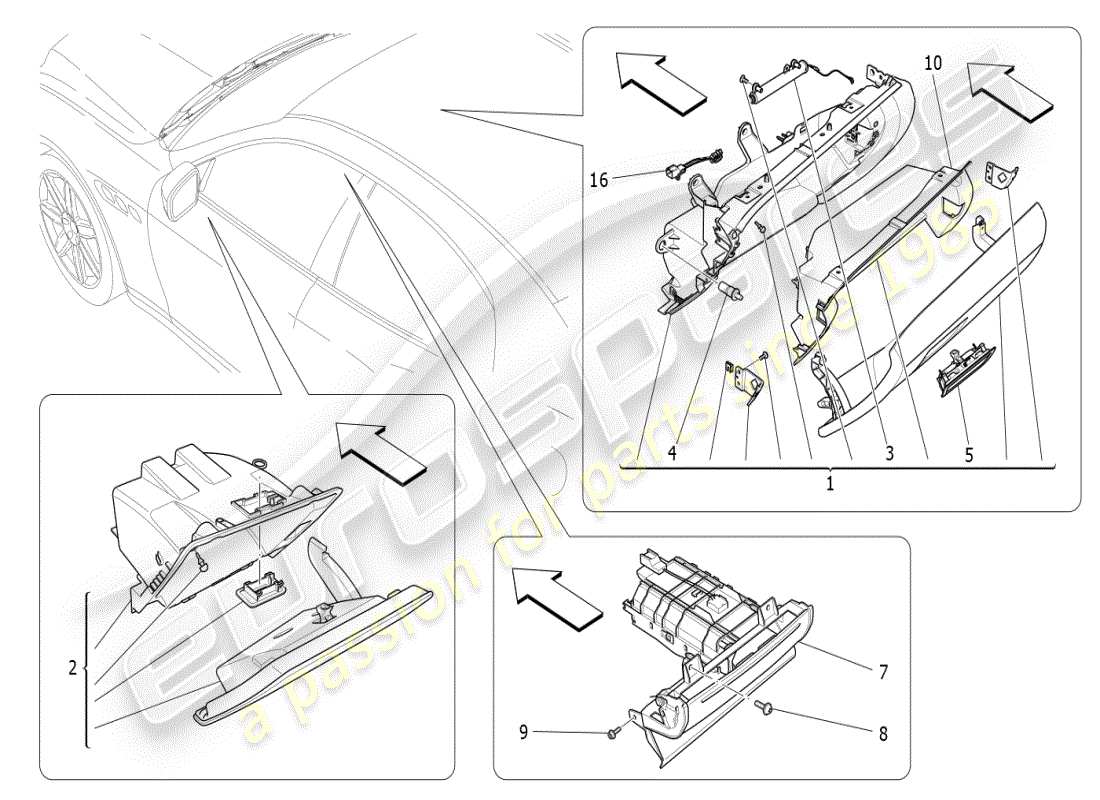 maserati ghibli (2021) diagramma delle parti dei vani portaoggetti