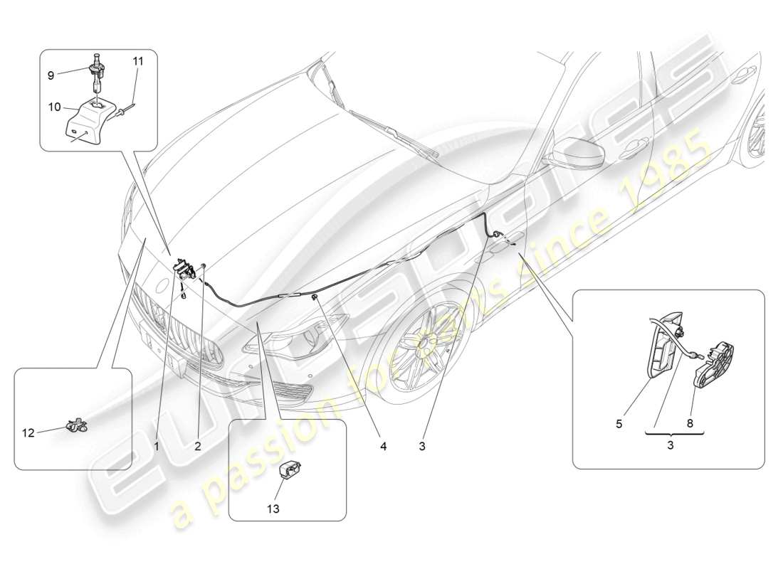 maserati quattroporte (2018) diagramma delle parti del pulsante di apertura del coperchio anteriore
