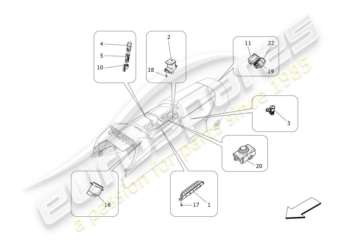 maserati levante gts (2020) diagramma delle parti dei dispositivi della console centrale