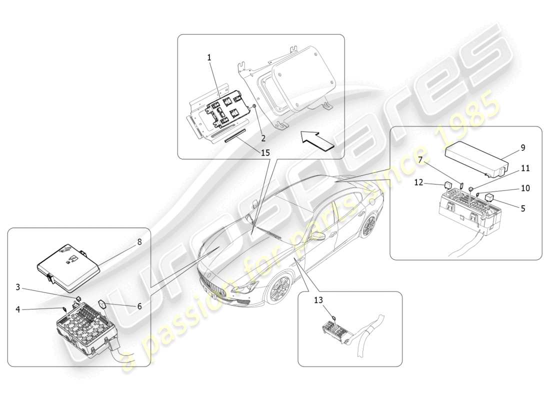 maserati quattroporte (2018) schema delle parti di relè, fusibili e scatole