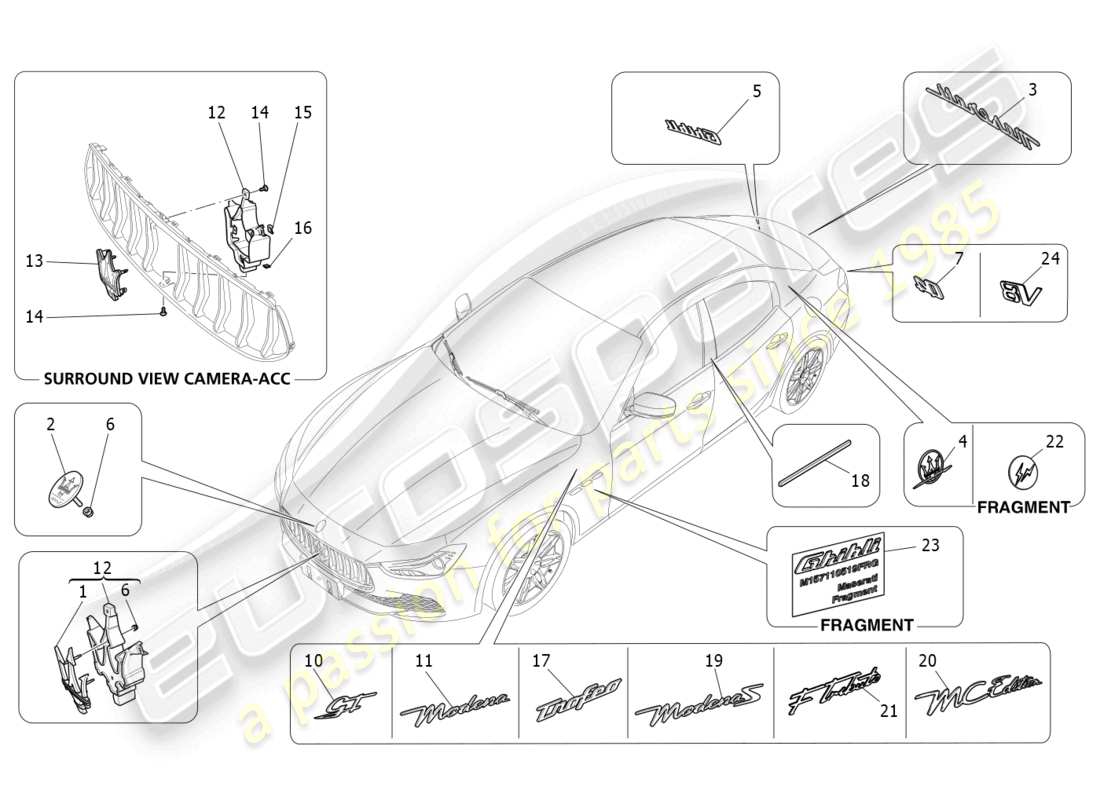 maserati ghibli fragment (2022) diagramma delle parti di finiture, marchi e simboli