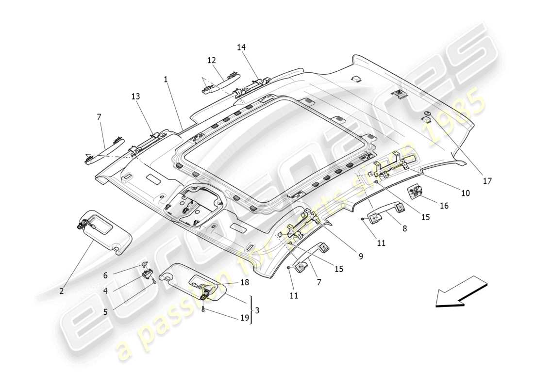 maserati levante gts (2020) diagramma delle parti del tetto e delle alette parasole