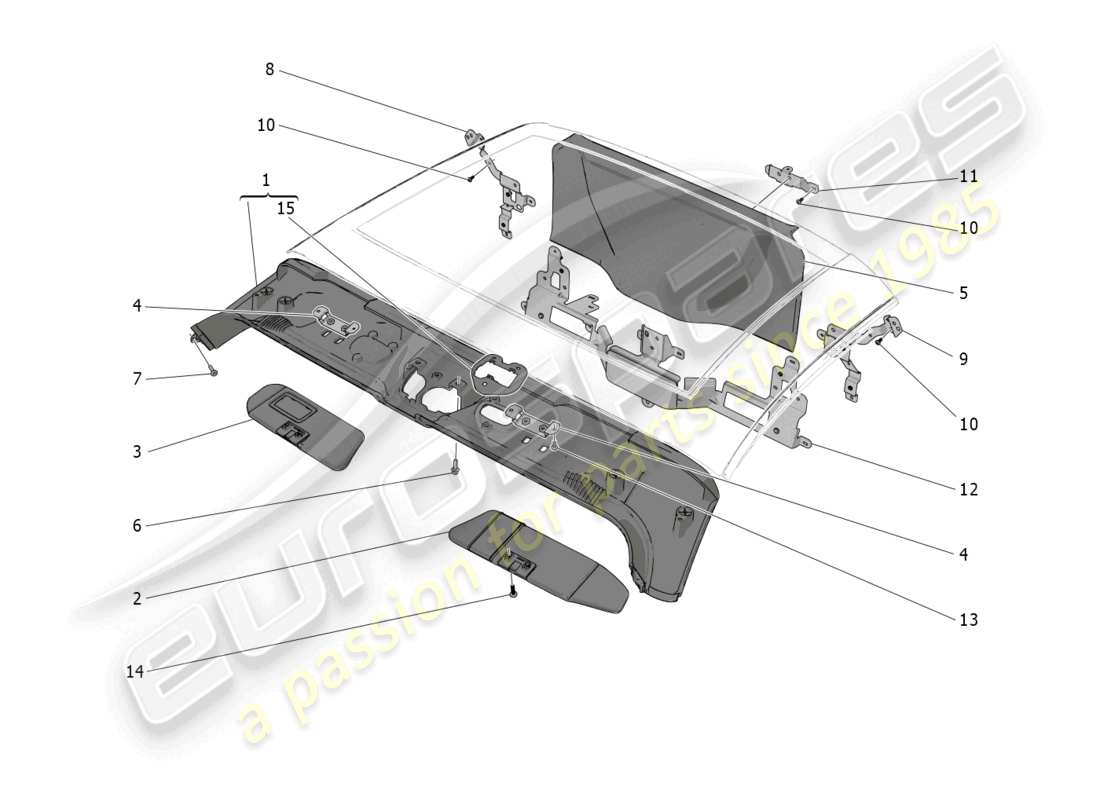 maserati mc20 cielo (2023) diagramma delle parti del tetto e delle alette parasole