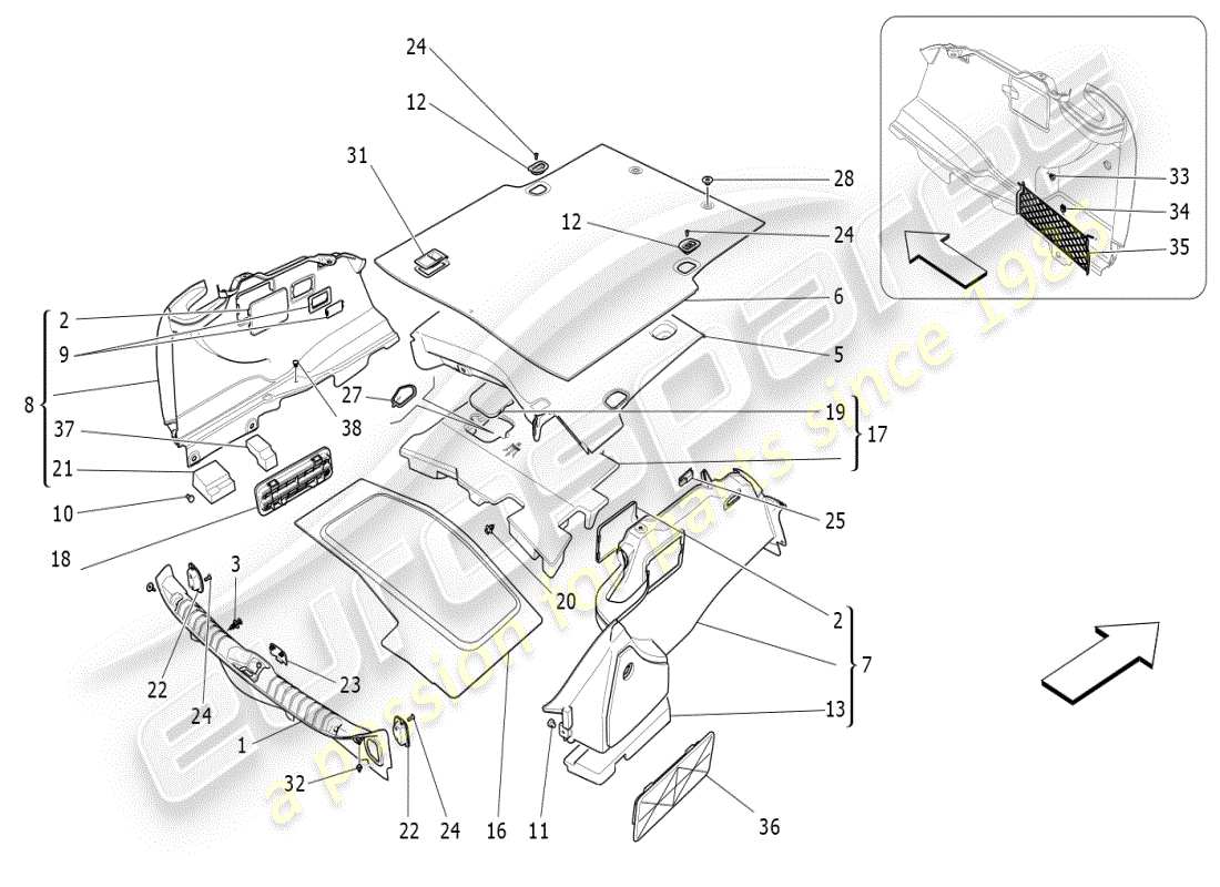 maserati ghibli (2021) diagramma delle parti dei tappetini del vano bagagli