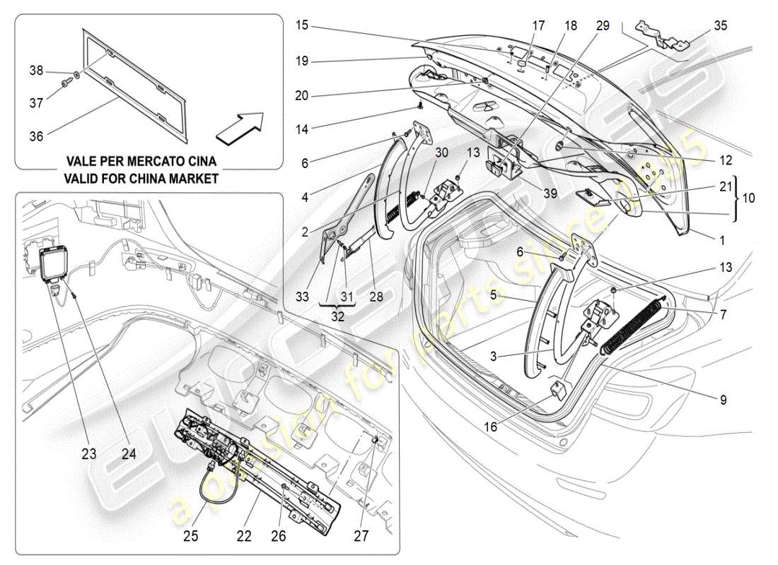maserati ghibli (2019) schema delle parti del coperchio posteriore