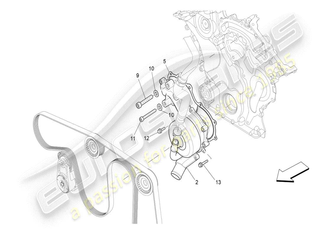 maserati ghibli (2019) sistema di raffreddamento: diagramma delle parti della pompa dell'acqua