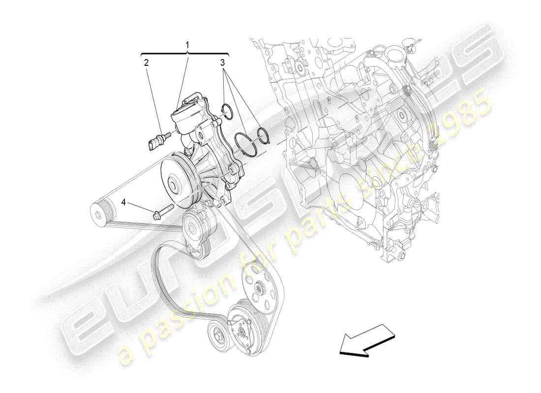 maserati ghibli (2019) sistema di raffreddamento: diagramma delle parti della pompa dell'acqua