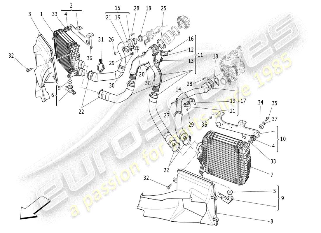 maserati ghibli (2019) schema delle parti del sistema intercooler