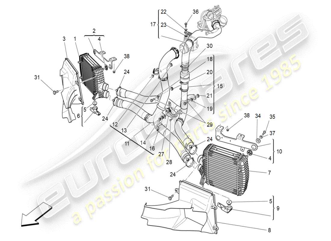 maserati ghibli (2019) schema delle parti del sistema intercooler