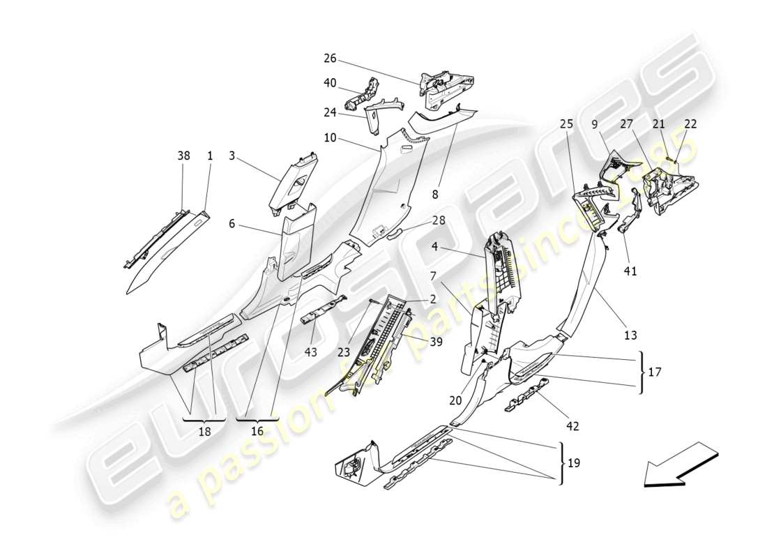 maserati levante modena (2022) schema delle parti dei pannelli di rivestimento del montante b e dei pannelli laterali dell'abitacolo