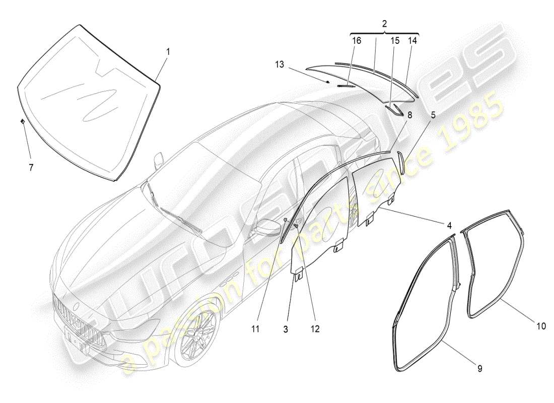 maserati ghibli (2019) diagramma delle parti di finestre e strisce di finestre