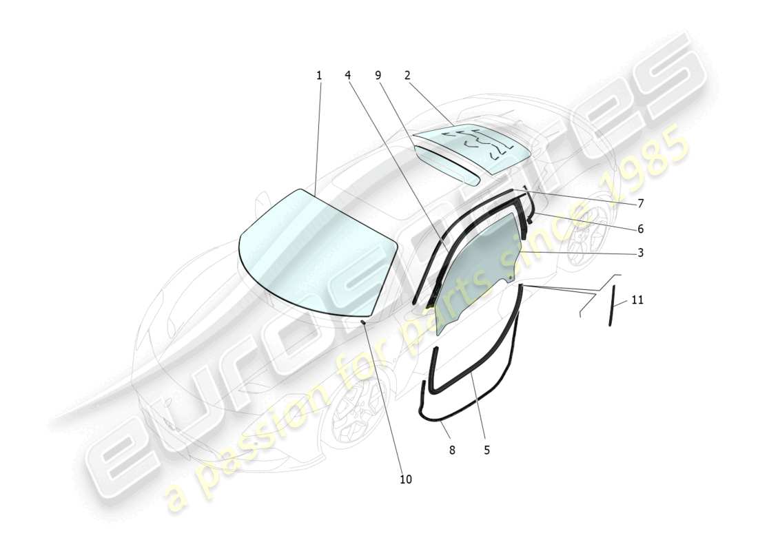 maserati mc20 (2023) finestre e strisce per finestre diagramma delle parti