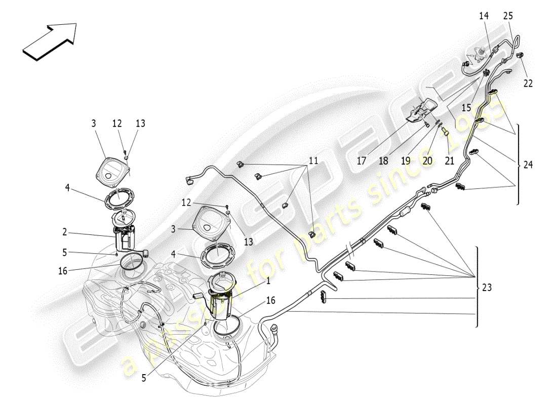 maserati ghibli (2019) diagramma delle parti delle pompe del carburante e delle linee di collegamento