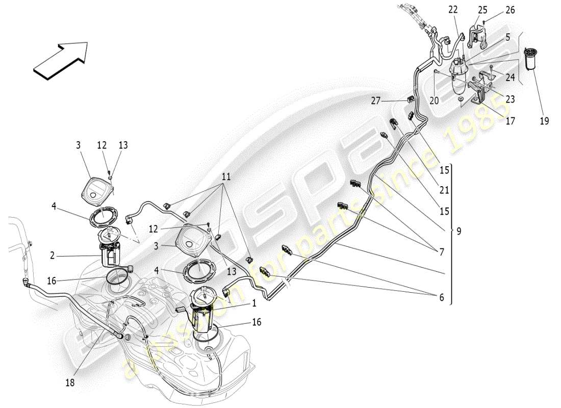 maserati ghibli (2019) diagramma delle parti delle pompe del carburante e delle linee di collegamento