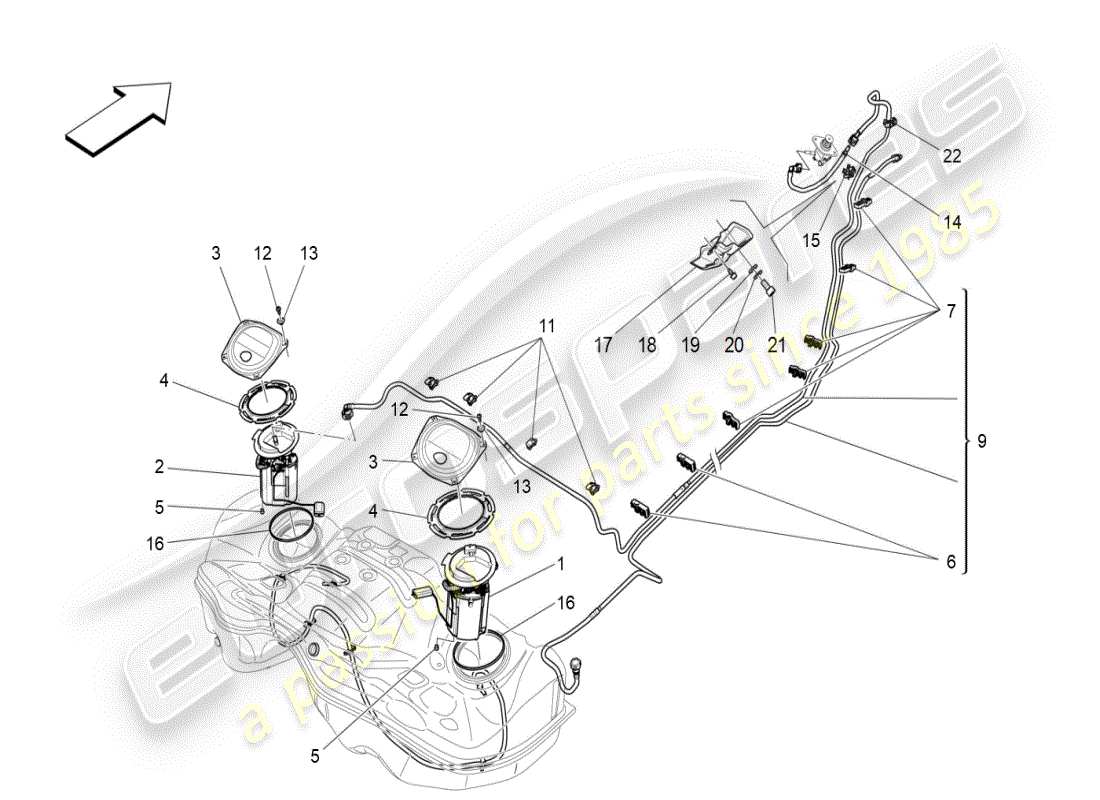 maserati ghibli (2019) diagramma delle parti delle pompe del carburante e delle linee di collegamento