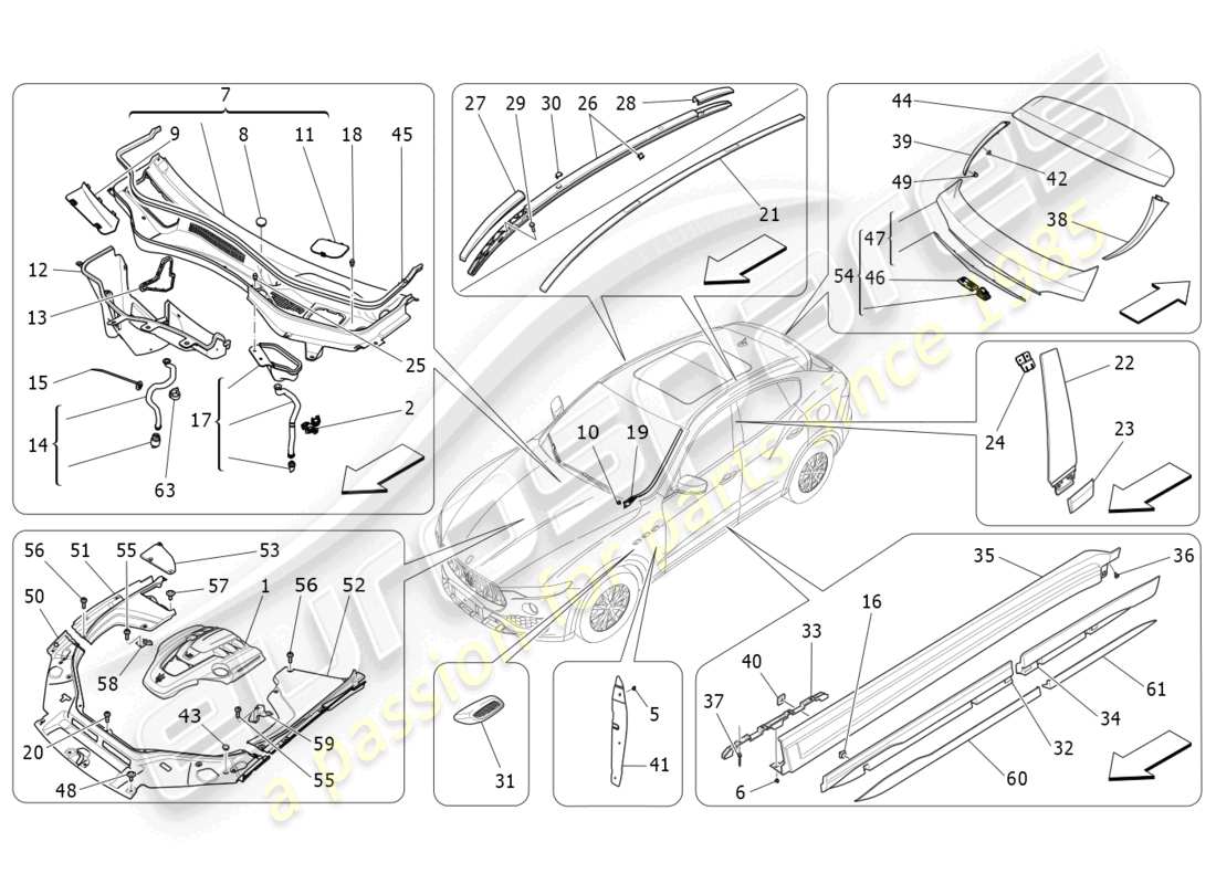 maserati levante trofeo (2020) schema delle parti di scudi, finiture e pannelli di copertura