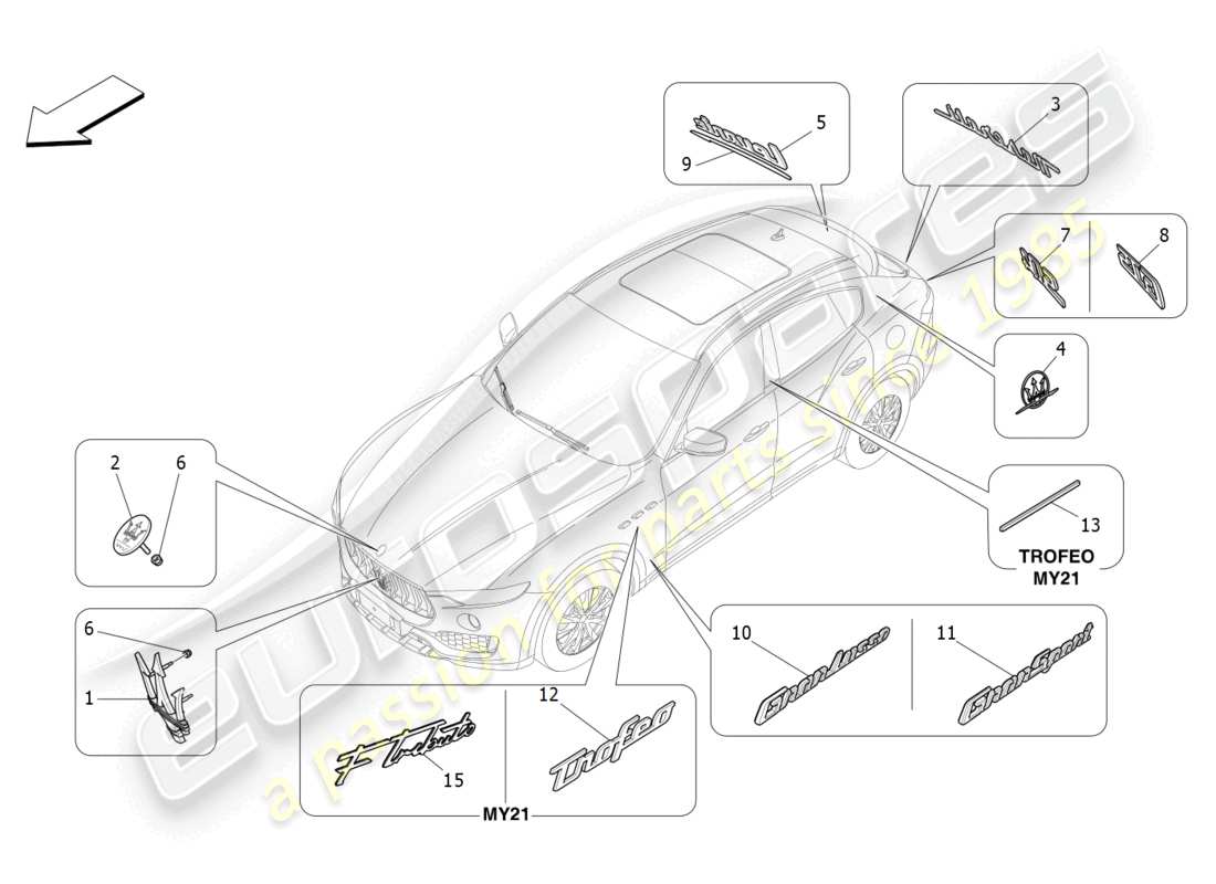 maserati levante gts (2020) diagramma delle parti di finiture, marchi e simboli