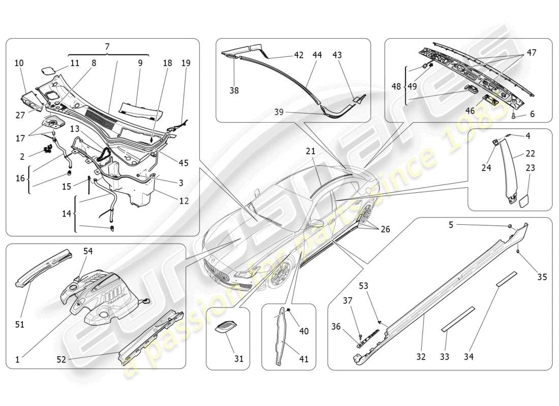 maserati quattroporte (2018) schema delle parti di scudi, finiture e pannelli di copertura
