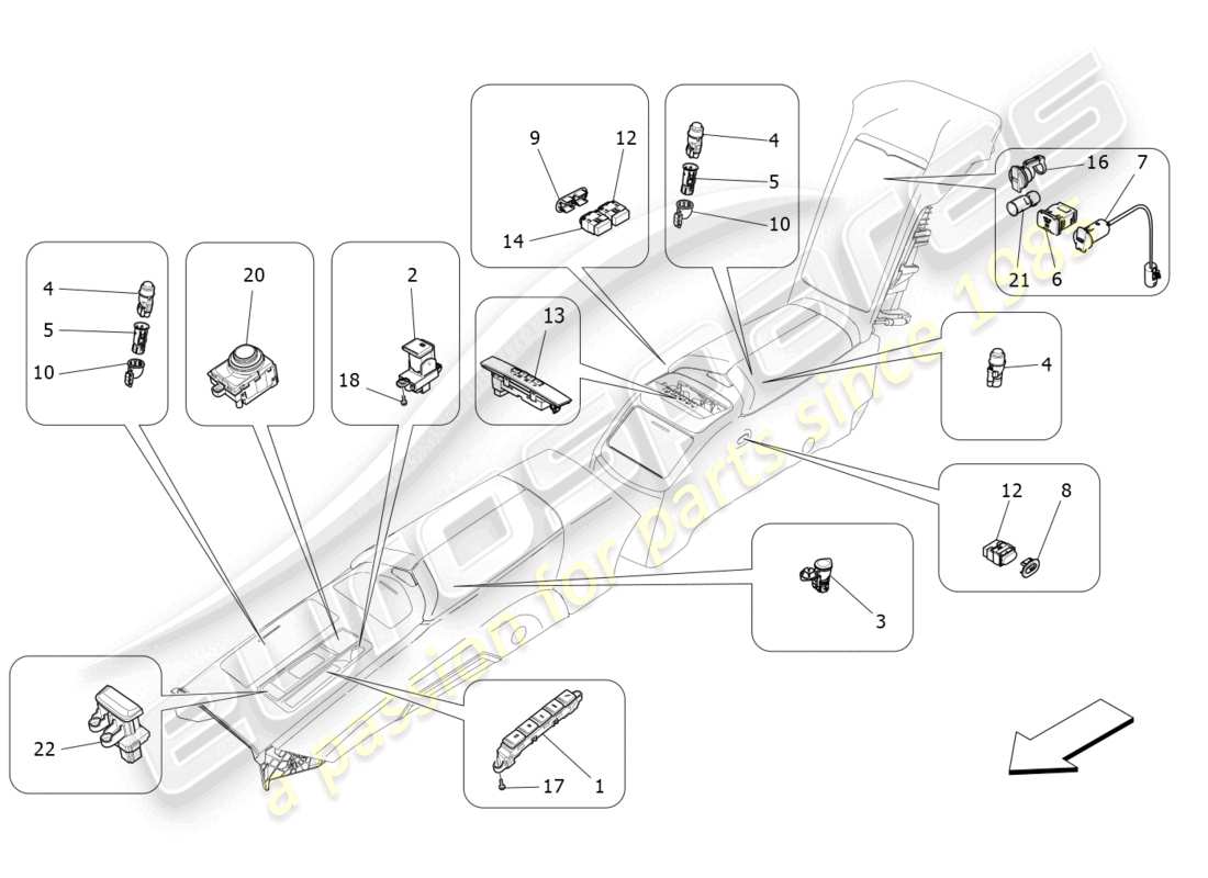 maserati quattroporte (2018) diagramma delle parti dei dispositivi della console centrale