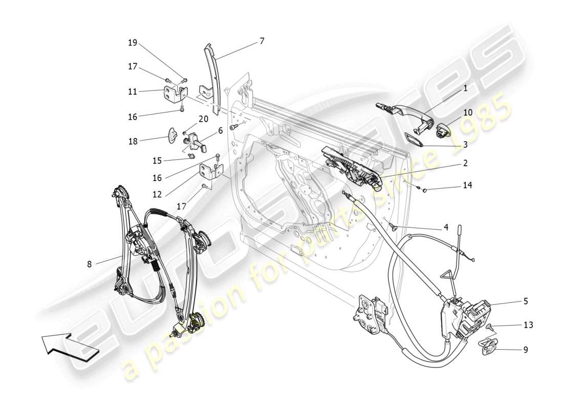 maserati levante gts (2020) porte anteriori: diagramma delle parti dei meccanismi