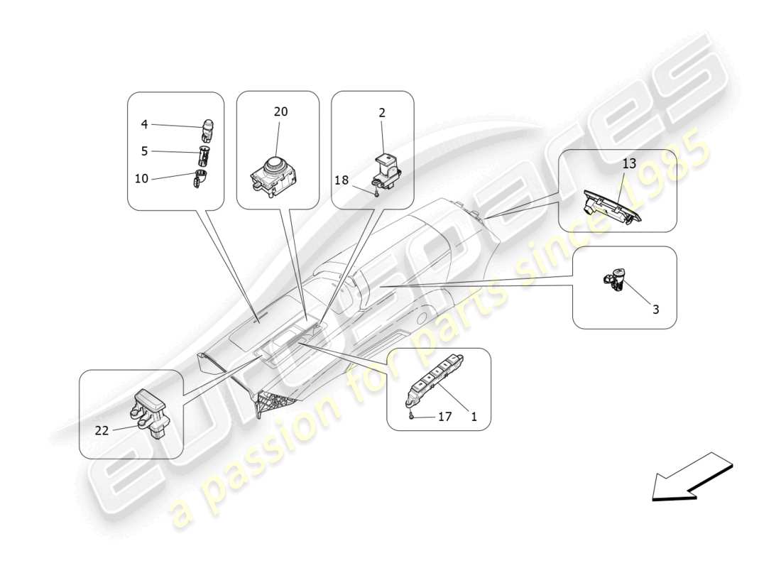 maserati quattroporte (2018) diagramma delle parti dei dispositivi della console centrale