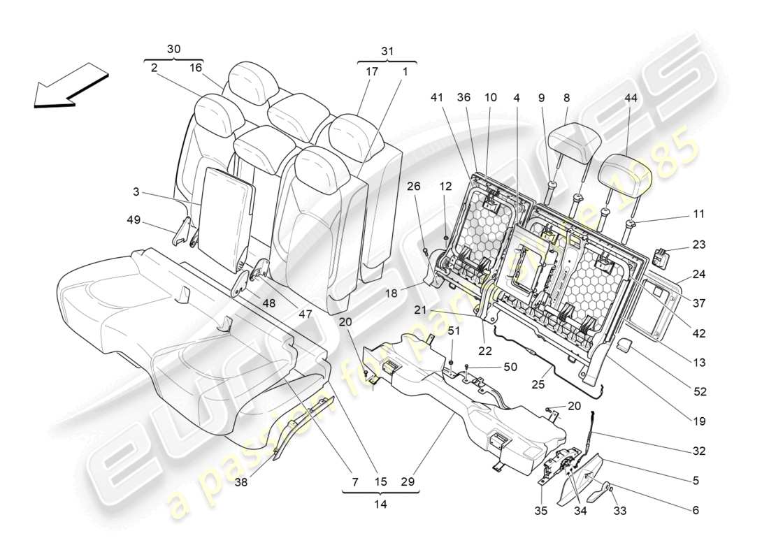 maserati levante gts (2020) sedili posteriori: schema delle parti dei pannelli di rivestimento