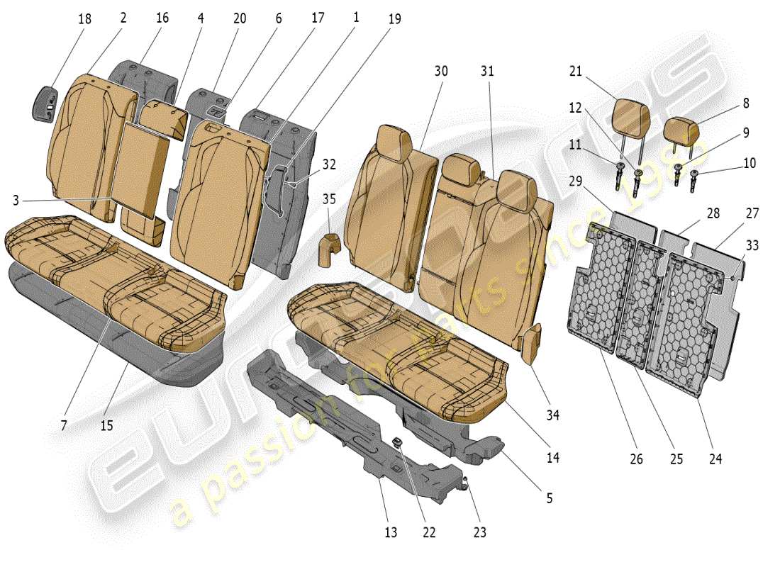 maserati grecale modena (2023) sedili posteriori: schema delle parti dei pannelli di rivestimento