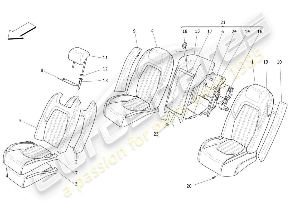 maserati quattroporte (2018) sedili posteriori: schema delle parti dei pannelli di rivestimento
