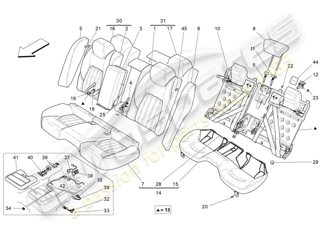 maserati quattroporte (2018) sedili posteriori: schema delle parti dei pannelli di rivestimento