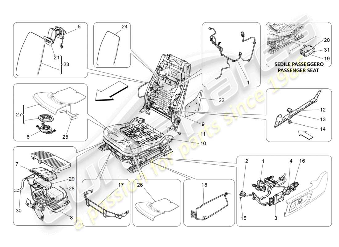 maserati quattroporte (2018) sedili anteriori: diagramma delle parti meccaniche ed elettroniche